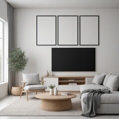 Cozy Modern Living Room Interior with Elegant Furniture and Blank Canvas on Bold white Wall – 3D Rendering
