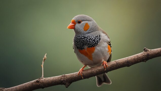 A whimsical zebra finch bird sitting on a branch