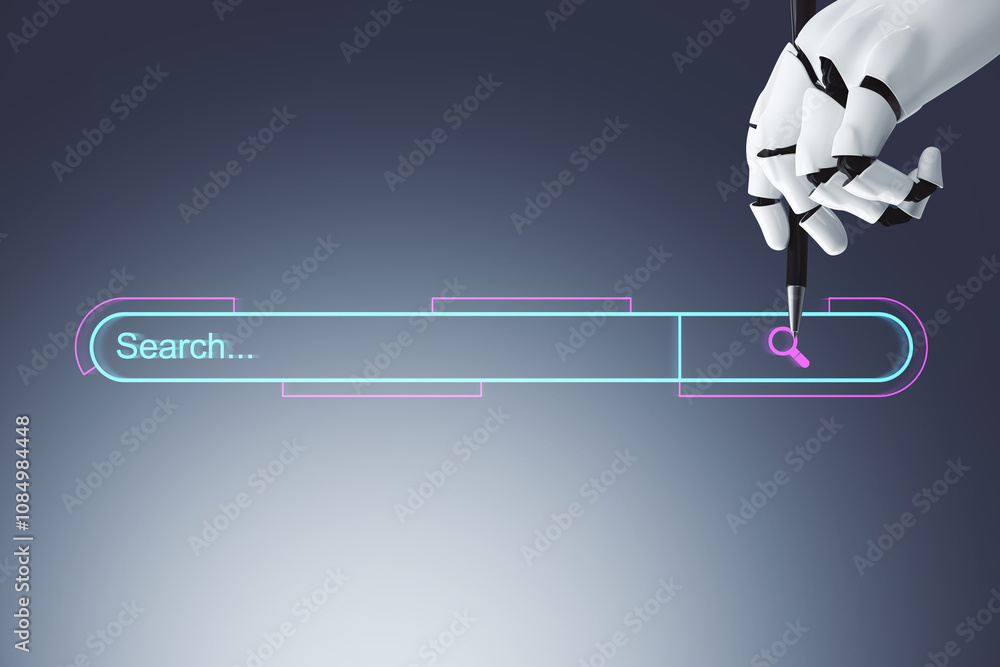 Poster Robotic hand interacting with a search bar on a futuristic digital interface background. 3D Rendering