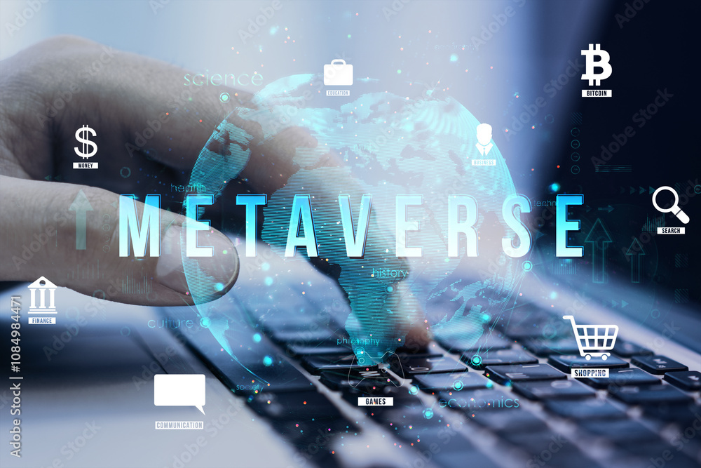 Poster hand typing on keyboard with virtual holographic icons representing metaverse, digital world, and on