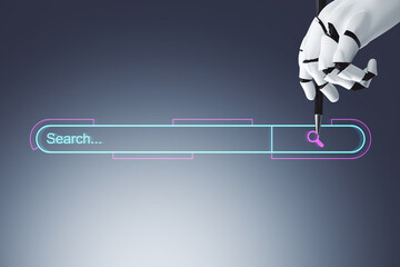 Robotic hand interacting with a search bar on a futuristic digital interface background. 3D Rendering