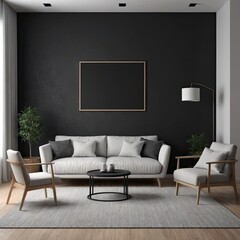 Cozy Modern Living Room Interior with Elegant Furniture and Blank Canvas on Bold Black Wall – 3D Rendering
