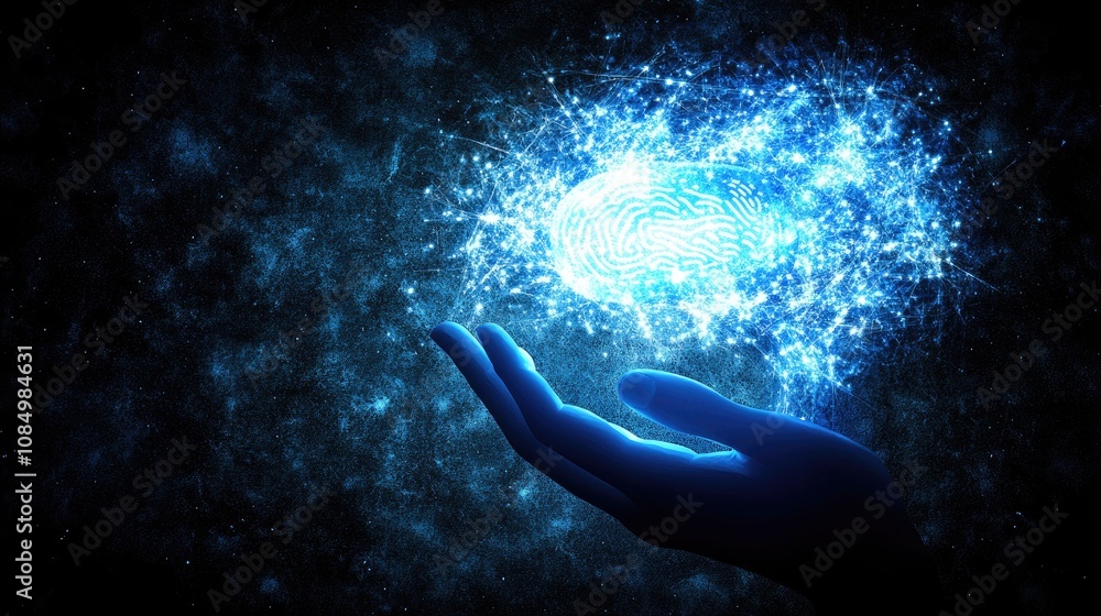 Poster a futuristic fingerprint reader illuminates as a person finger touches the surface for secure scanni