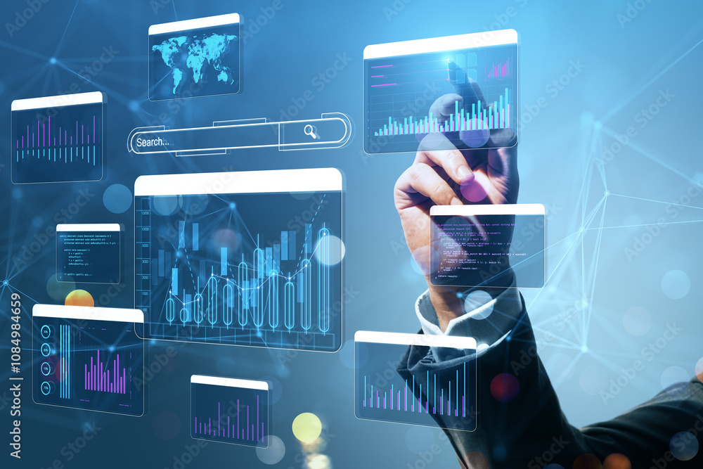 Aufkleber Businessman interacting with futuristic data analytics interface on a digital screen with graphs and charts.