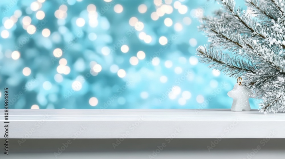 Poster the white table showcases a delicate frosted branch, illuminated by soft bokeh lights, creating a wa