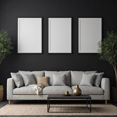 Cozy Modern Living Room Interior with Elegant Furniture and Blank Canvas on Black Wall – 3D Rendering