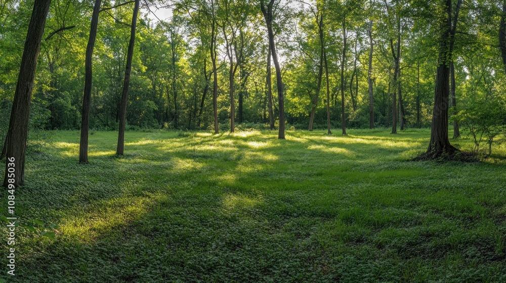 Poster Sunlight streams through a dense forest canopy, illuminating a grassy clearing.