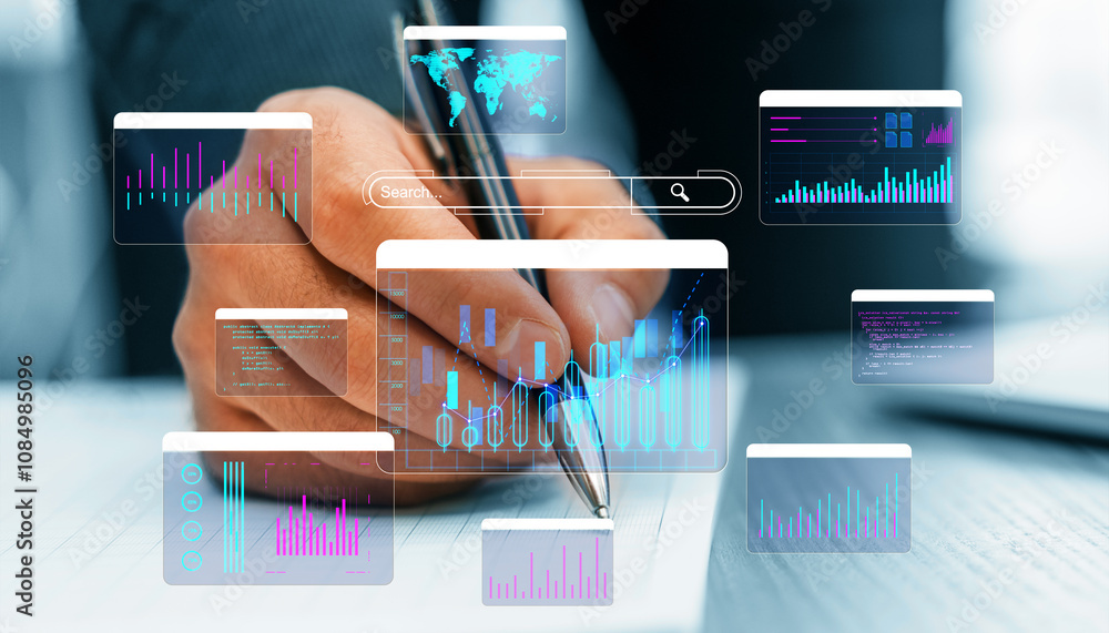Poster hand holding pen with financial charts and graphs on transparent screens, representing fintech and b