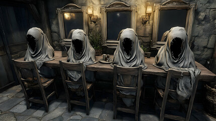 Four Hooded Figures at a Table 3D Illustration