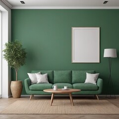 Cozy Modern Living Room Interior with Elegant Furniture and Blank Canvas on Green Wall – 3D Rendering