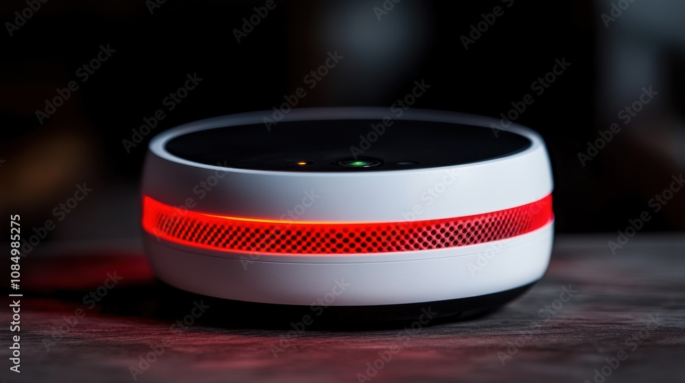 Poster a smart speaker emits a red led light, creating a futuristic ambiance. the device is placed on a rus