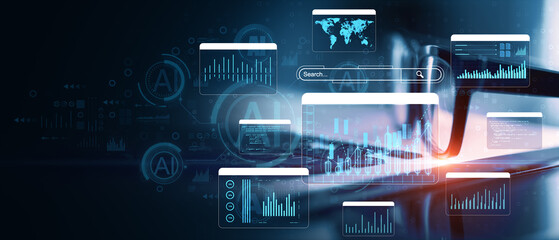 Digital trading graphs and financial data displayed on a virtual interface with glasses in the background, symbolizing fintech and online markets.