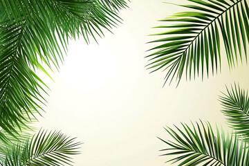 Naklejka premium Lush green palm leaves framing a light background for design purposes.