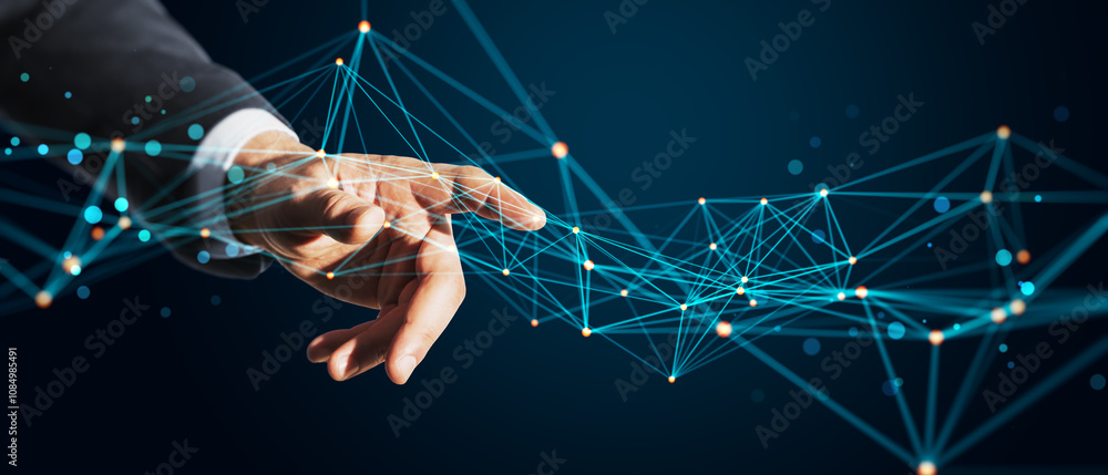 Poster Hand of a person interacting with a digital network of interconnected points and lines, set against a dark blue background, concept of technology.