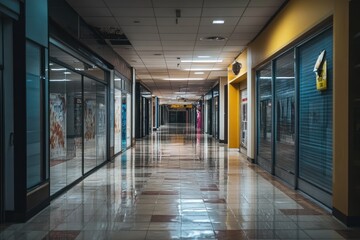 Empty, dimly lit corridor of a closed shopping mall with tiled floors and closed storefronts.