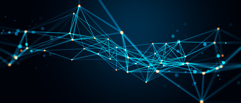 Abstract interconnected network lines forming a digital structure in blue tones on dark background, representing technology and connectivity. 3D Rendering