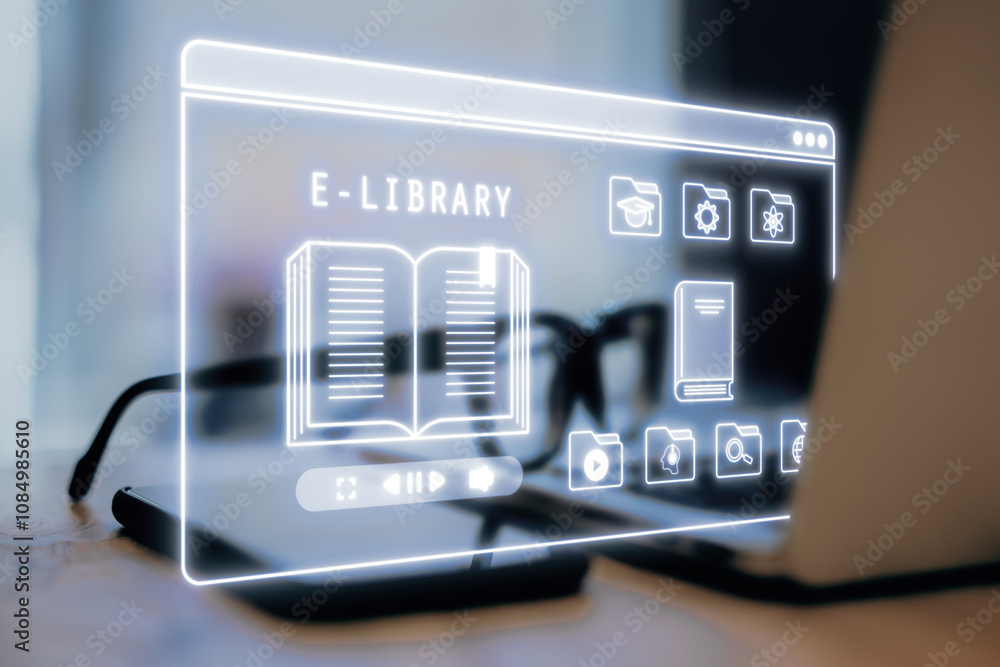 Poster digital holographic e-library interface on laptop screen in modern office environment.