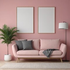 Cozy Modern Living Room Interior with Elegant Furniture and Blank Canvas on Pink Wall – 3D Rendering