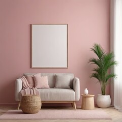 Cozy Modern Living Room Interior with Elegant Furniture and Blank Canvas on Pink Wall – 3D Rendering