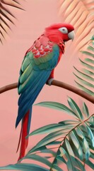 Obraz premium Tropical Vibrant Digital Illustration of a Red Parrot Perched on Branch with Bright Colors and Leafy Background.
