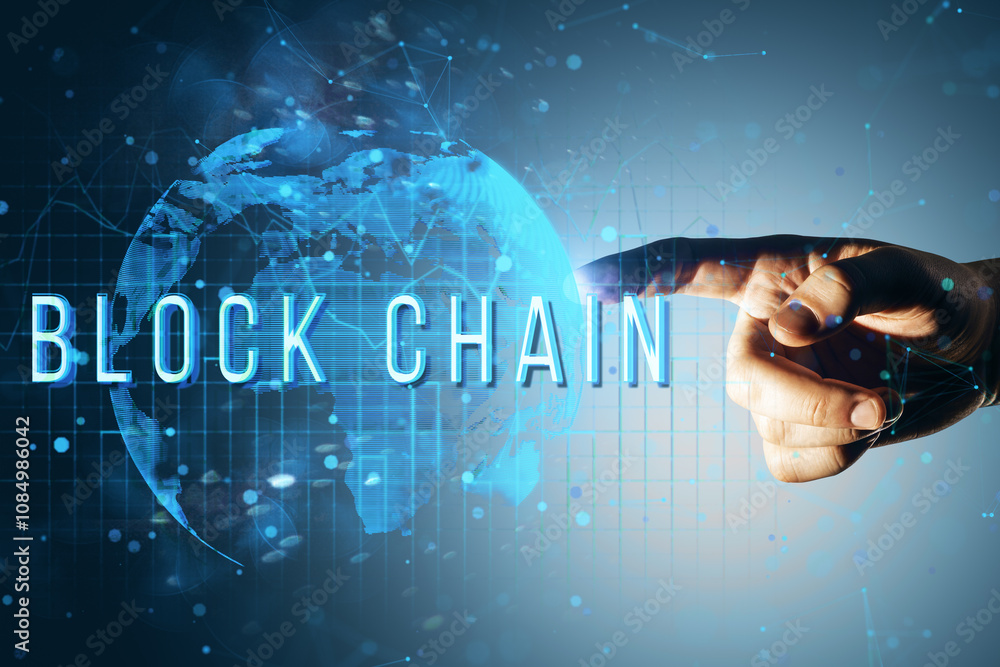 Poster Hand pointing at Blockchain text with a digital globe and network connections in the background.