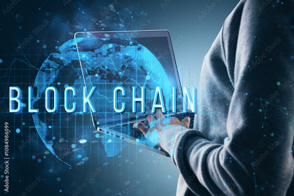 Poster Person using laptop with BLOCK CHAIN text and digital world map in holographic style on a blue background.