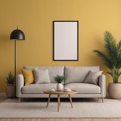 Cozy Modern Living Room Interior with Elegant Furniture and Blank Canvas on Bold Yellow Wall – 3D Rendering