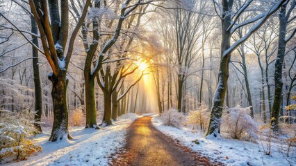 A winding path through a snow-covered forest, illuminated by the golden rays of a setting sun, casting long shadows across the pristine white landscape.