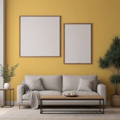 Cozy Modern Living Room Interior with Elegant Furniture and Blank Canvas on Bold Yellow Wall – 3D Rendering