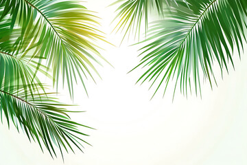Fototapeta premium Lush green palm leaves framing a light background, evoking a tropical atmosphere.