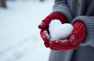 A postcard with a picture of women's hands in knitted red gloves and a gray coat holding a white snow heart on a winter background, as a concept of Valentine's Day greetings and love