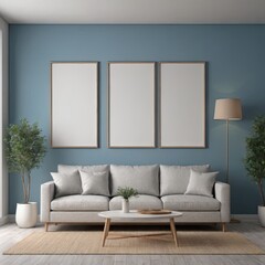 Cozy Modern Living Room Interior with Elegant Furniture and Blank Canvas on Blue sky Wall – 3D Rendering
