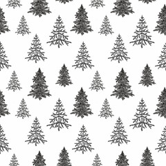 Obraz premium Fir tree seamless pattern. Beautiful Christmas background with hand drawn abstract fir trees. Ready Happy New Year surface pattern print design.