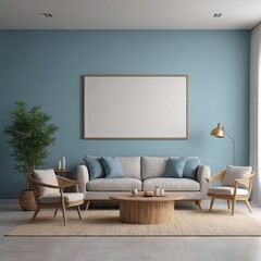 Cozy Modern Living Room Interior with Elegant Furniture and Blank Canvas on Blue sky Wall – 3D Rendering
