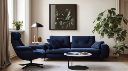 A contemporary living room interior with a blue sofa, armchair, and coffee table.