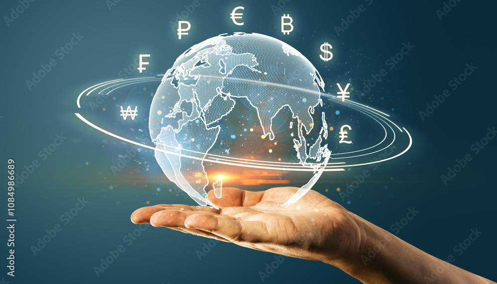 Aufkleber hand holding a digital globe with currency symbols surrounding it on a dark background.