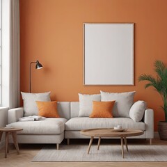 Cozy Modern Living Room Interior with Elegant Furniture and Blank Canvas on Orange Wall – 3D Rendering
