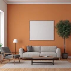 Cozy Modern Living Room Interior with Elegant Furniture and Blank Canvas on Orange Wall – 3D Rendering
