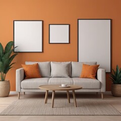 Cozy Modern Living Room Interior with Elegant Furniture and Blank Canvas on Orange Wall – 3D Rendering

