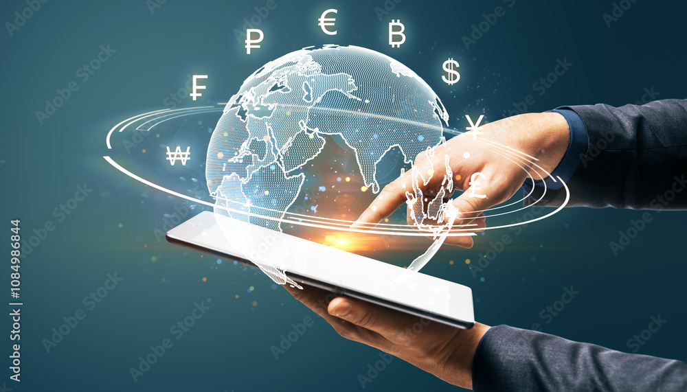 Poster Hands using a tablet with floating world map and currency symbols on a digital background.