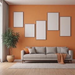 Cozy Modern Living Room Interior with Elegant Furniture and Blank Canvas on Orange Wall – 3D Rendering
