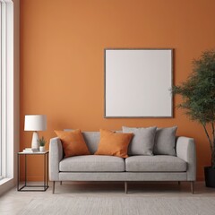 Cozy Modern Living Room Interior with Elegant Furniture and Blank Canvas on Orange Wall – 3D Rendering
