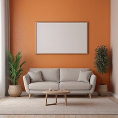 Cozy Modern Living Room Interior with Elegant Furniture and Blank Canvas on Orange Wall – 3D Rendering
