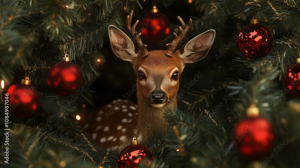 Poster a deer is sitting in a tree with red and gold ornaments