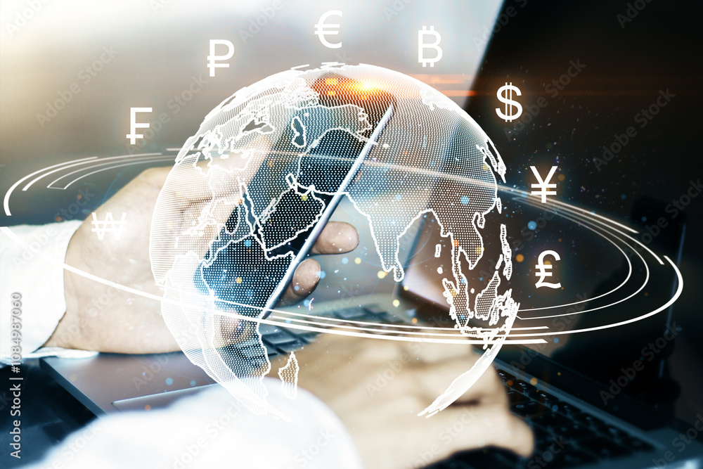 Poster double exposure of businessman using smartphone with digital globe showing currency symbols on the b