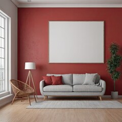 Cozy Modern Living Room Interior with Elegant Furniture and Blank Canvas on Bold Red Wall – 3D Rendering