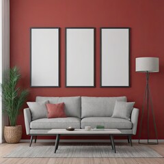 Cozy Modern Living Room Interior with Elegant Furniture and Blank Canvas on Bold Red Wall – 3D Rendering