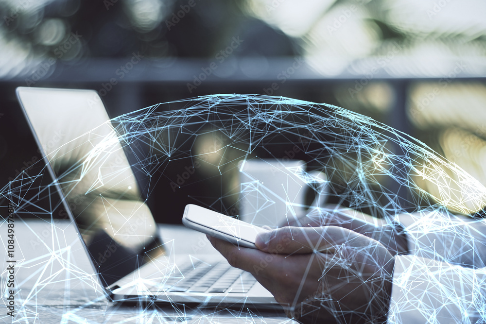 Poster businessman using smartphone and laptop with network overlay, symbolizing technology, global connect