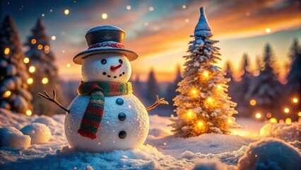 Fototapeta premium Low Light Christmas Snowman Background AI Photo, Festive Winter Scene, Snowy Landscape