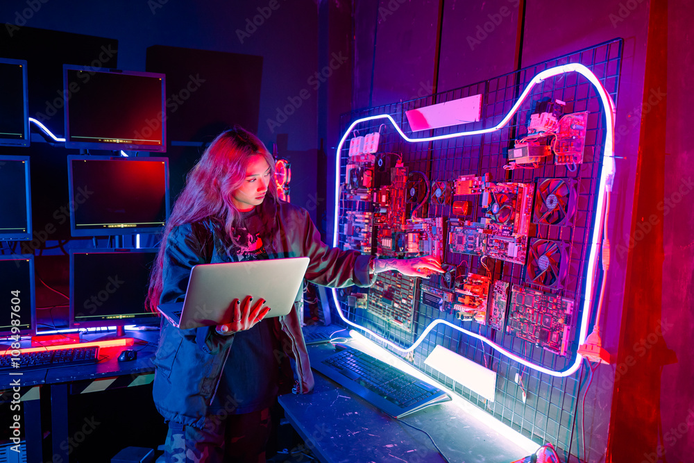 Poster asian woman is sitting at a desk with a laptop service in server room, thinking and solve problems, 